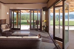 A patio with sliding glass doors