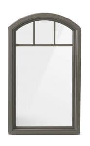 A specialty shaped window with a decorative arch on a white background.