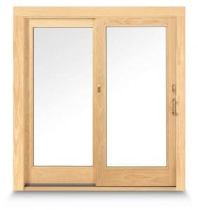 A wood patio door on a white background.