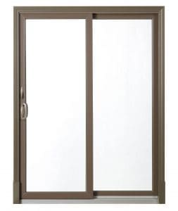 A sliding glass door with brown frames on a white background. 